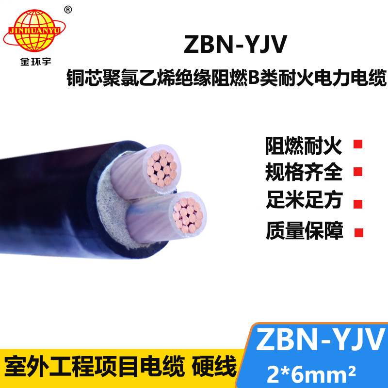 金环宇电线电缆 yjv电缆规格 ZBN-YJV 2X6平方 阻燃耐火yjv电缆