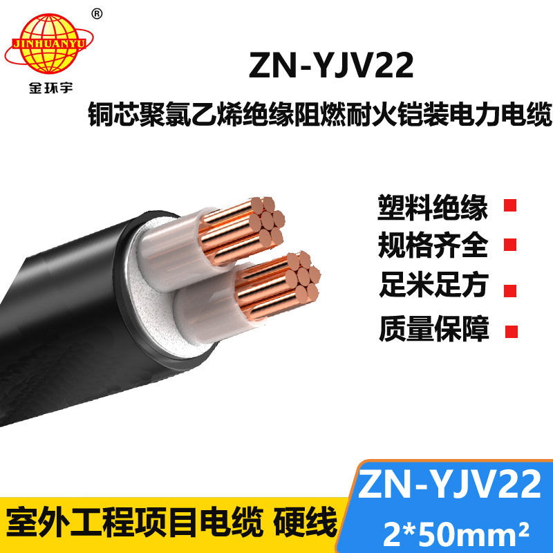 金环宇电缆 2芯电缆钢带铠装ZN-YJV22-2X50平方 阻燃耐火电缆