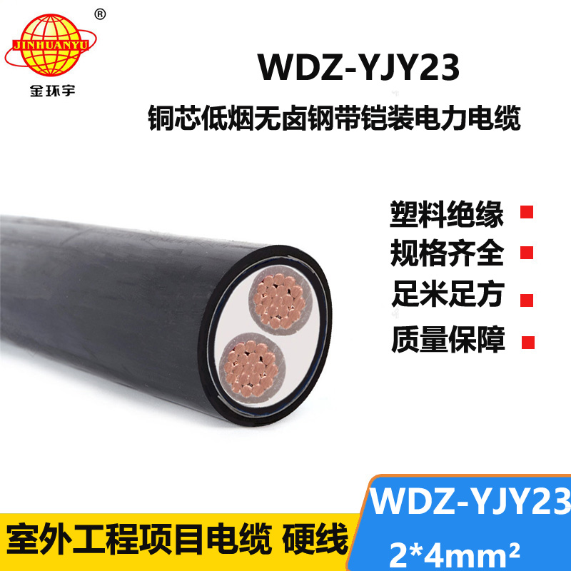 金环宇 2芯铠装电力电缆WDZ-YJY23-2X4平方 低烟无卤电缆